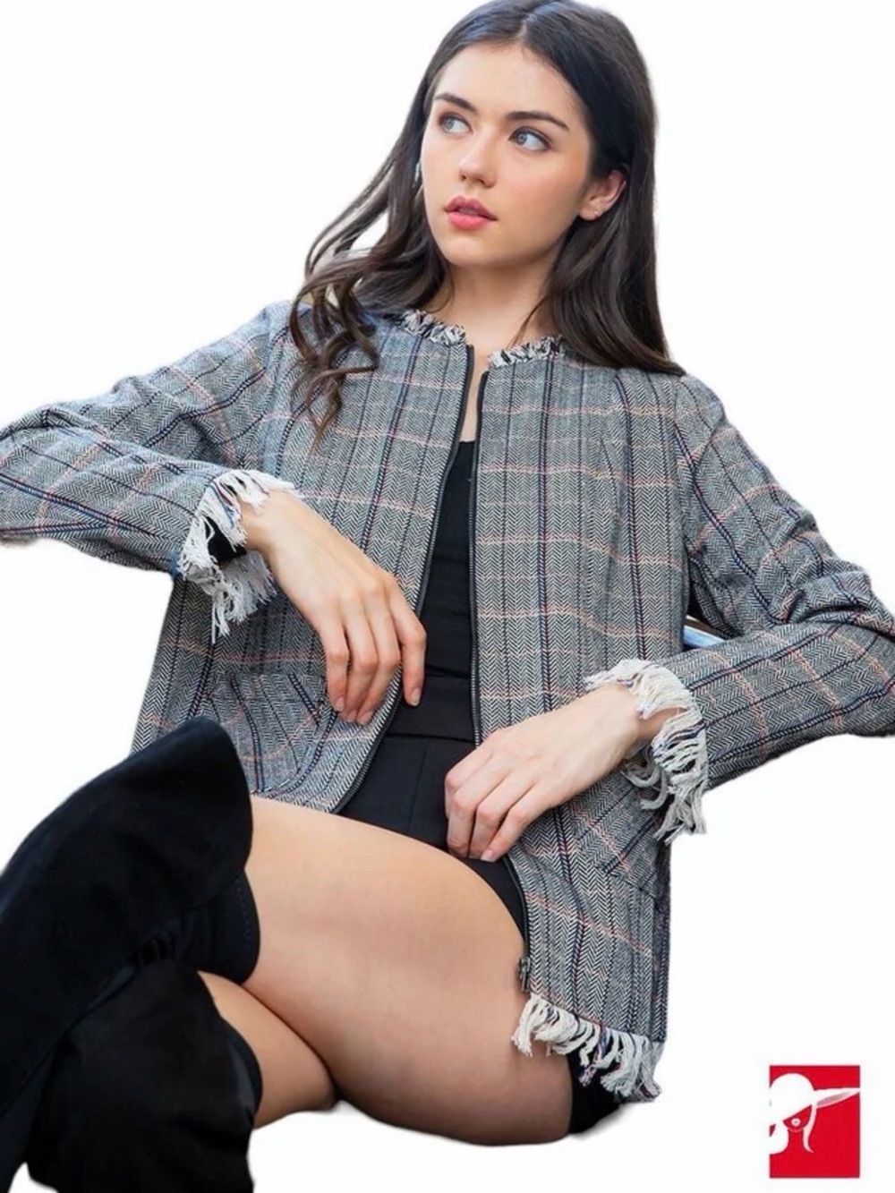 THML Gray Plaid Fringe-Trim Blazer with Pink Accents